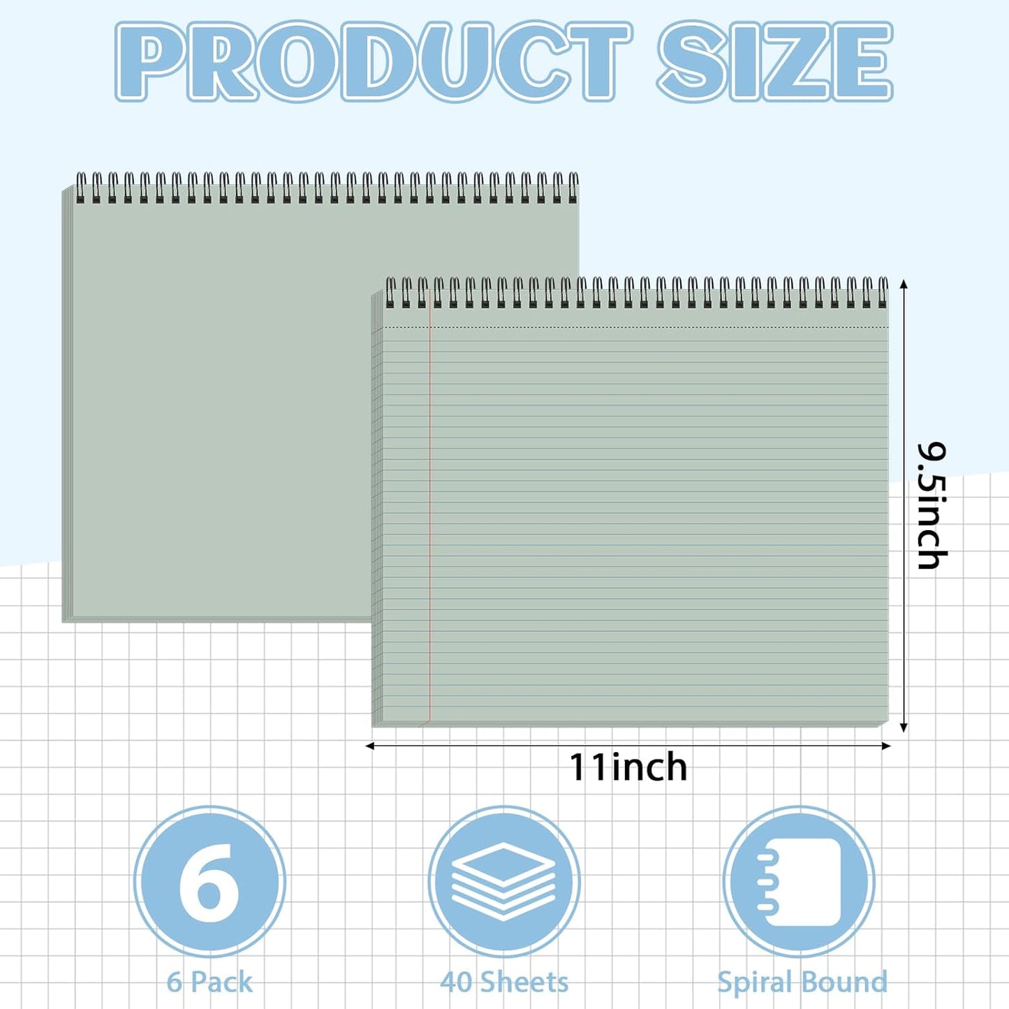 gisgfim 6 Packs 9.5" x 11" Landscape Note Pads College Ruled Notebooks Perforated Notepads 40 Sheets Punched Top Spiral Bound Notebooks 80GSM Lined Notepads for School,Office,Home (Neutral Color)