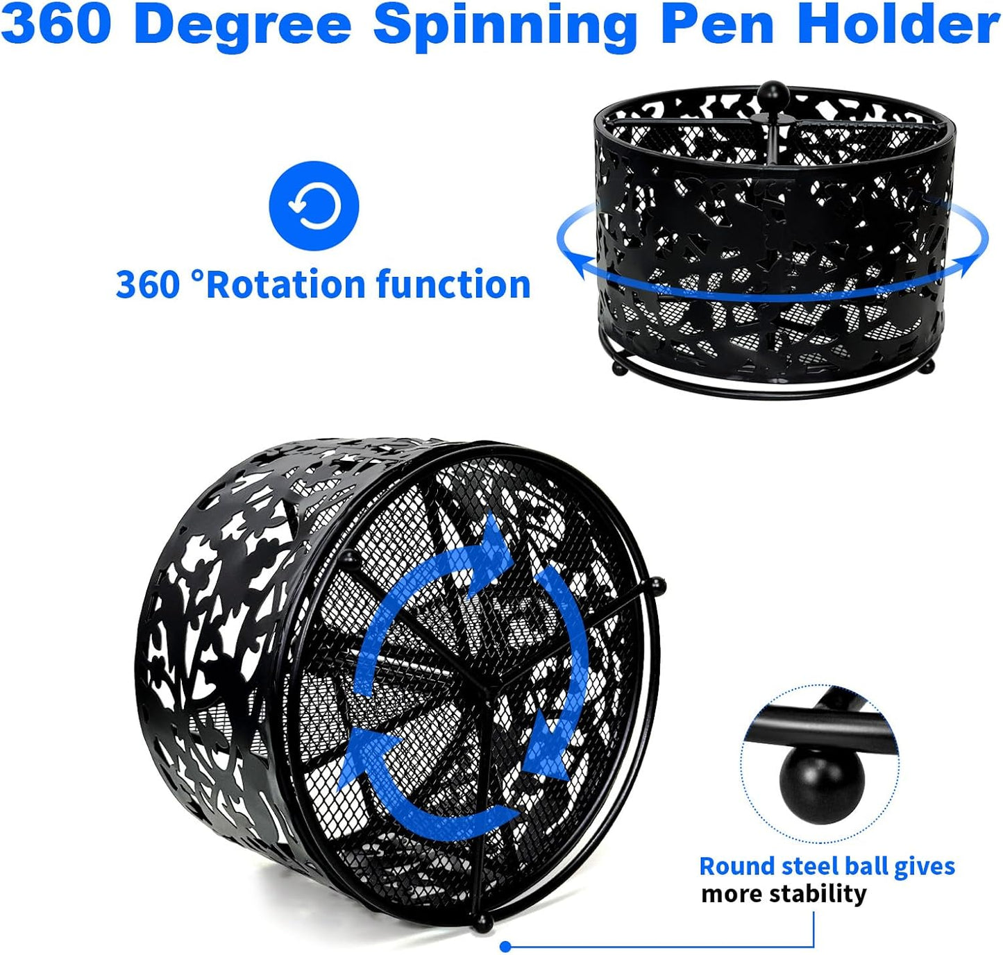 360 Degree Rotate Pen Holder for Desk Mesh Desk Pen Organizer Pencil Holder Large Capacity Accessories & Workspace Organizers for School,Home (Black, No hook)