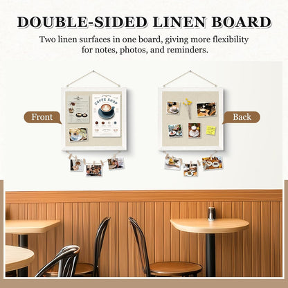 DOLLAR BOSS Bulletin Boards with Linen 1-Pack 16''X 12'' Double-Sided Cork Board for Walls Wood Framed Bulletin Boards, Small Pin Board for Home Kitchen Office Decorative Hanging 10 Pushpins