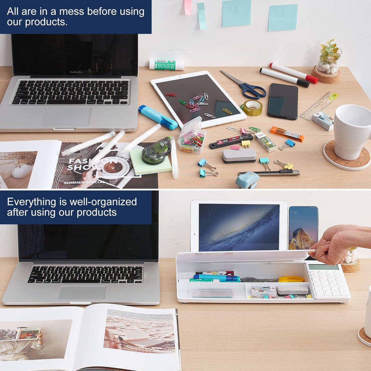 TSJ OFFICE Small Desktop Whiteboard -Glass Dry Erase Board Computer Keyboard Stand White Board Surface Pad with Drawer, Desk Organizers with Accessories for Office, Home, School Supplies - White