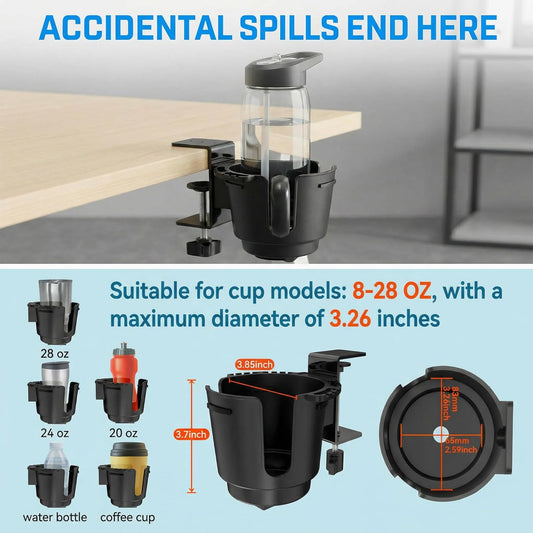 Desk Cup Holder with Large Metal Clamp, Fits Maximum Diameter of 3.38 inches Bottles, Anti-Spill Cup Holder Suitable for Tables, Porch Swings, and Patio Chairs. (Large)