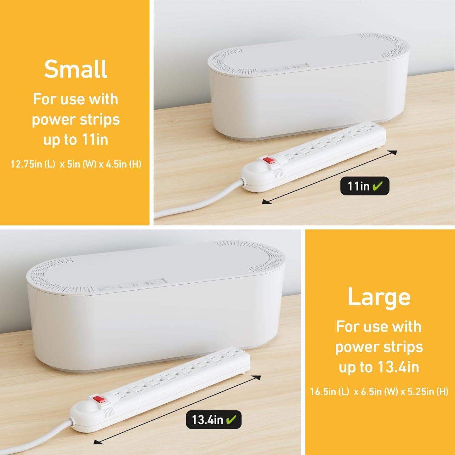 D-Line Cable Management Box, Power Strip Cover, Floor Outlet Hider, Desk Cord Organizer, Hide Extension Leads, 12.75" (L) x 5" (W) x 4.5" (H), for use with Power Strips up to 10.5in (L) - Small, Black