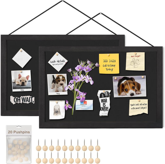 Miratino 2-Pack Cork Board with Linen 16x11 inch Bulletin Board Office Decor Hanging Pin Wood Framed Display Picture Vision Board Light for Wall School Office Bedroom 20-Pushpin Vintage White