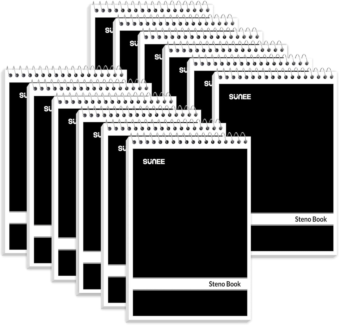 SUNEE 5 Pack Steno Pads 6x9, Gregg Rule, 60 Sheets, Spiral Notebook 6x9, White Paper, Take Notes with Top Spiral Notebook, for School, University, College, Work, Office, Black