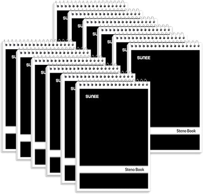 SUNEE 5 Pack Steno Pads 6x9, Gregg Rule, 60 Sheets, Spiral Notebook 6x9, White Paper, Take Notes with Top Spiral Notebook, for School, University, College, Work, Office, Black
