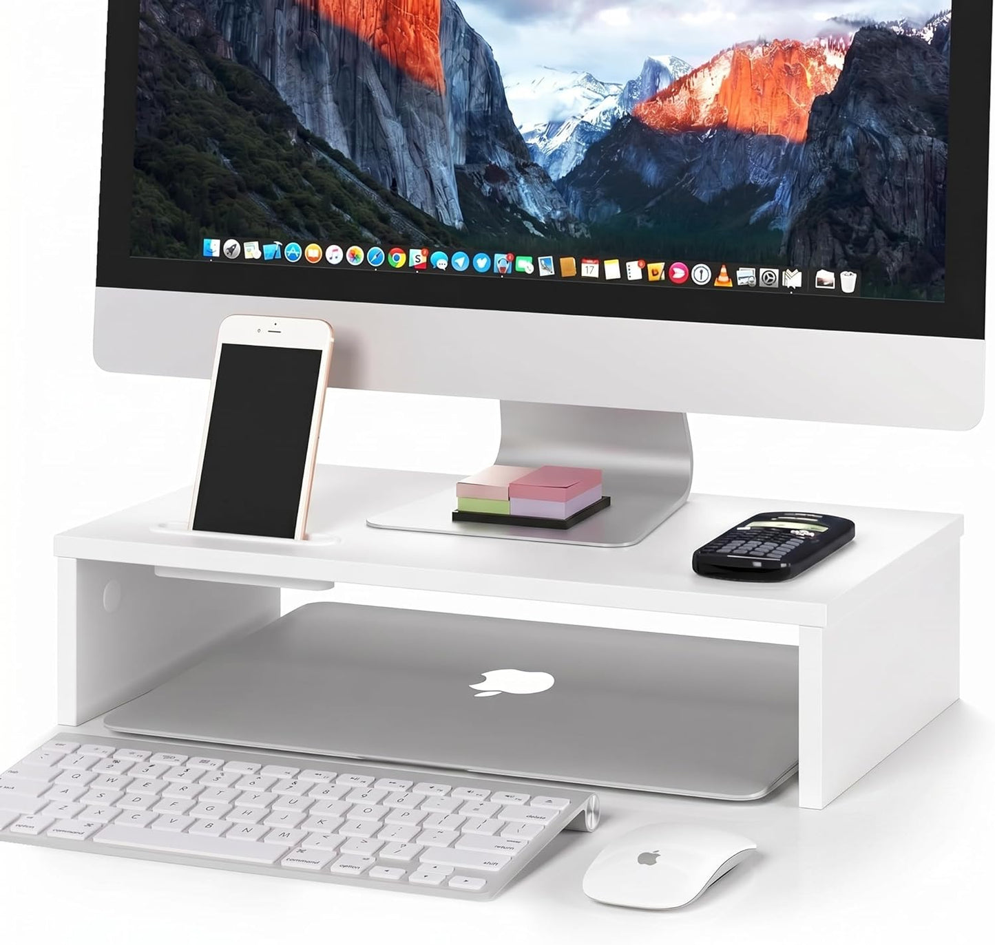 BONTEC Wooden Monitor Stand Riser for Desk, 2-Tier Computer Monitor Stand with Storage, 66 lbs Desk Shelf Organizer, Laptop & Printer Stand with Phone Holder and Cable Management, White, 16.5 Inch