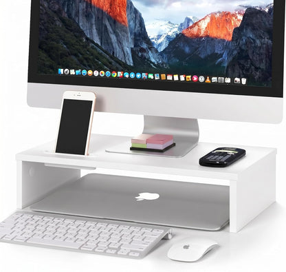 BONTEC Wooden Monitor Stand Riser for Desk, 2-Tier Computer Monitor Stand with Storage, 66 lbs Desk Shelf Organizer, Laptop & Printer Stand with Phone Holder and Cable Management, White, 16.5 Inch