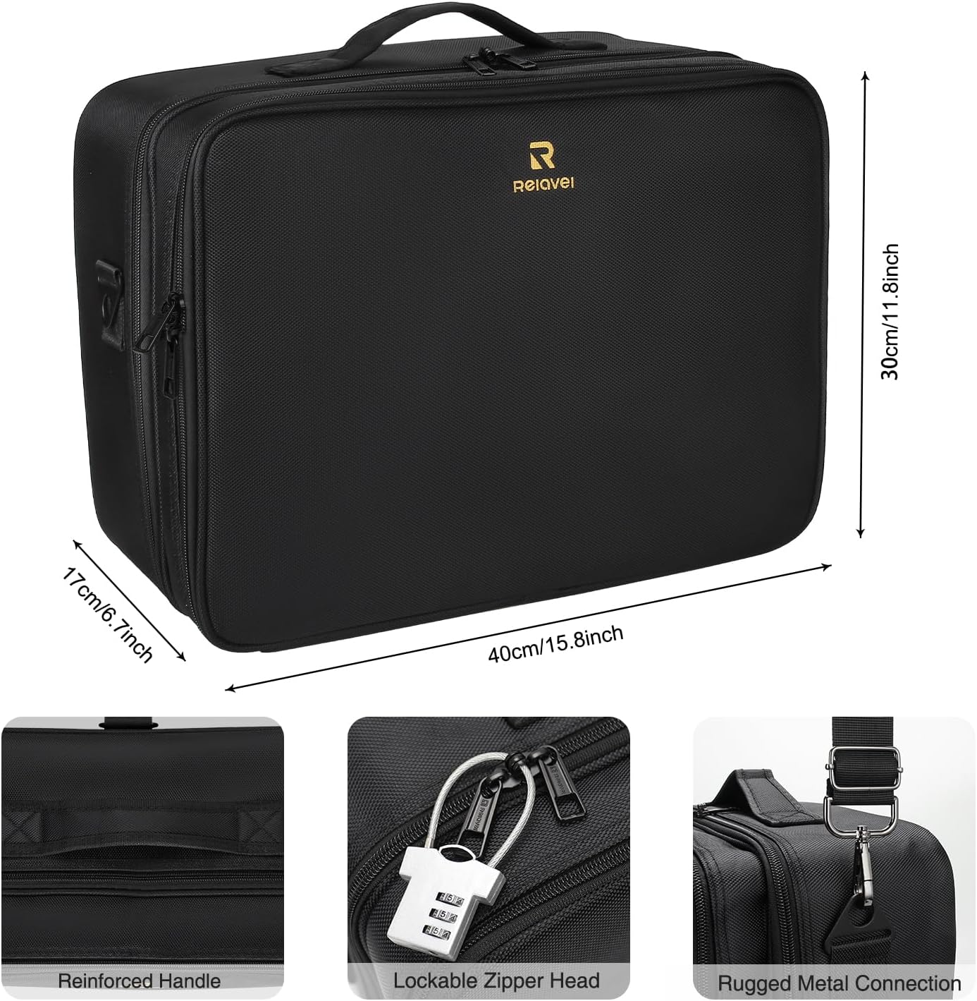 Relavel Makeup Case Large Makeup Bag Professional Train Case 16.5 inches Travel Cosmetic Organizer Brush Holder Waterproof Makeup Artist Storage Box, 3 Layer Large Capacity, with Adjustable Strap