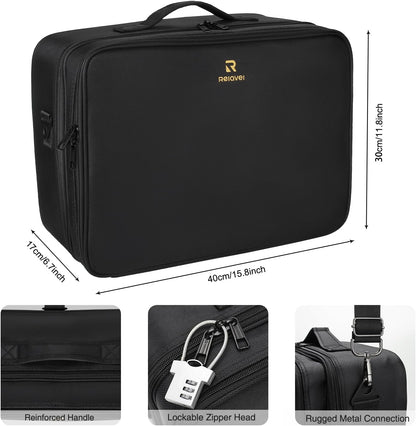 Relavel Makeup Case Large Makeup Bag Professional Train Case 16.5 inches Travel Cosmetic Organizer Brush Holder Waterproof Makeup Artist Storage Box, 3 Layer Large Capacity, with Adjustable Strap