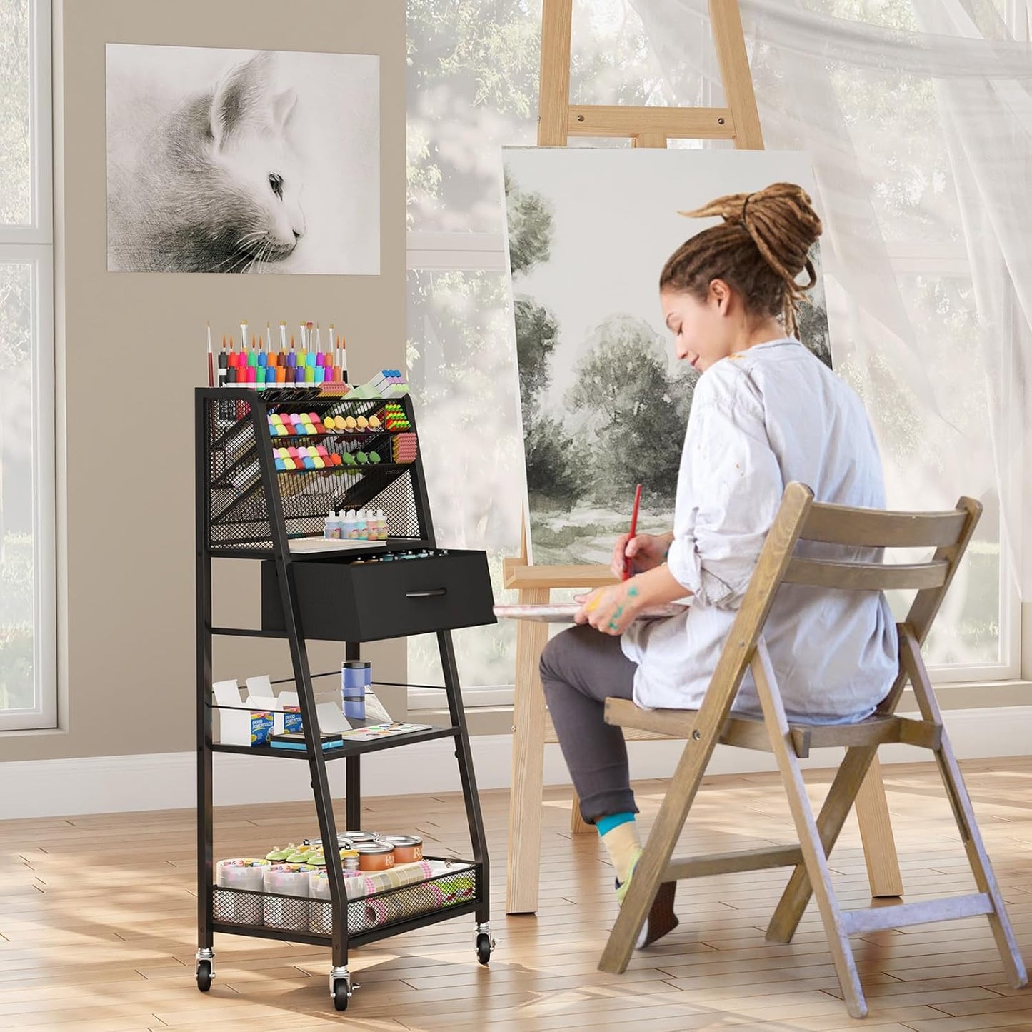 Homsorout 3 Tier Rolling Cart - Metal Utility Cart with Storage Drawer and Wheels, Versatile Art & Craft Organizer for Home, Office, or Studio - Ideal for Storing Brushes, Paints, and Supplies