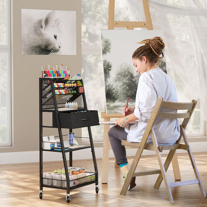 Homsorout 3 Tier Rolling Cart - Metal Utility Cart with Storage Drawer and Wheels, Versatile Art & Craft Organizer for Home, Office, or Studio - Ideal for Storing Brushes, Paints, and Supplies