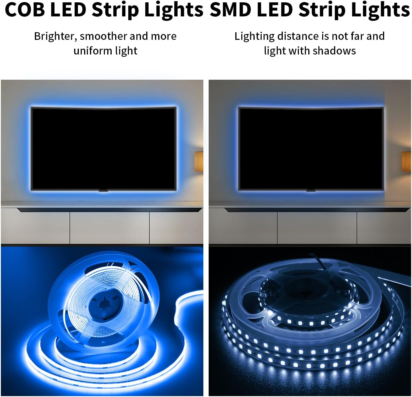32.8FT/10M Blue COB LED Strip Light, 3200LEDS LED Tape Lights, High Bright CRI93+ Flexible Dimmable Light Strip for Bedroom TV Backlight Monitor Gaming Room Bar Decor(with Plug)