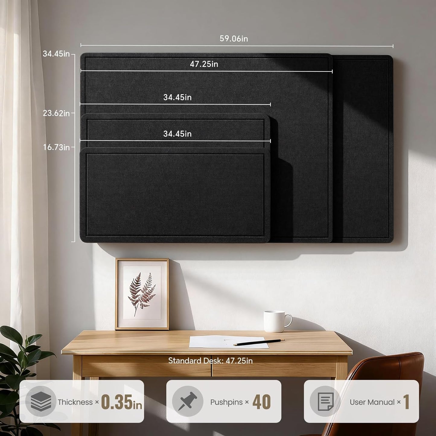 Large Bulletin Board, 35 X 17 Inches Felt Cork Board with 40 Pushpins, Foldable Felt Notice Pin Board Photo Display Board with Self-Adhesive Tape for Office Home School (Oatmeal, 35x17 inch)