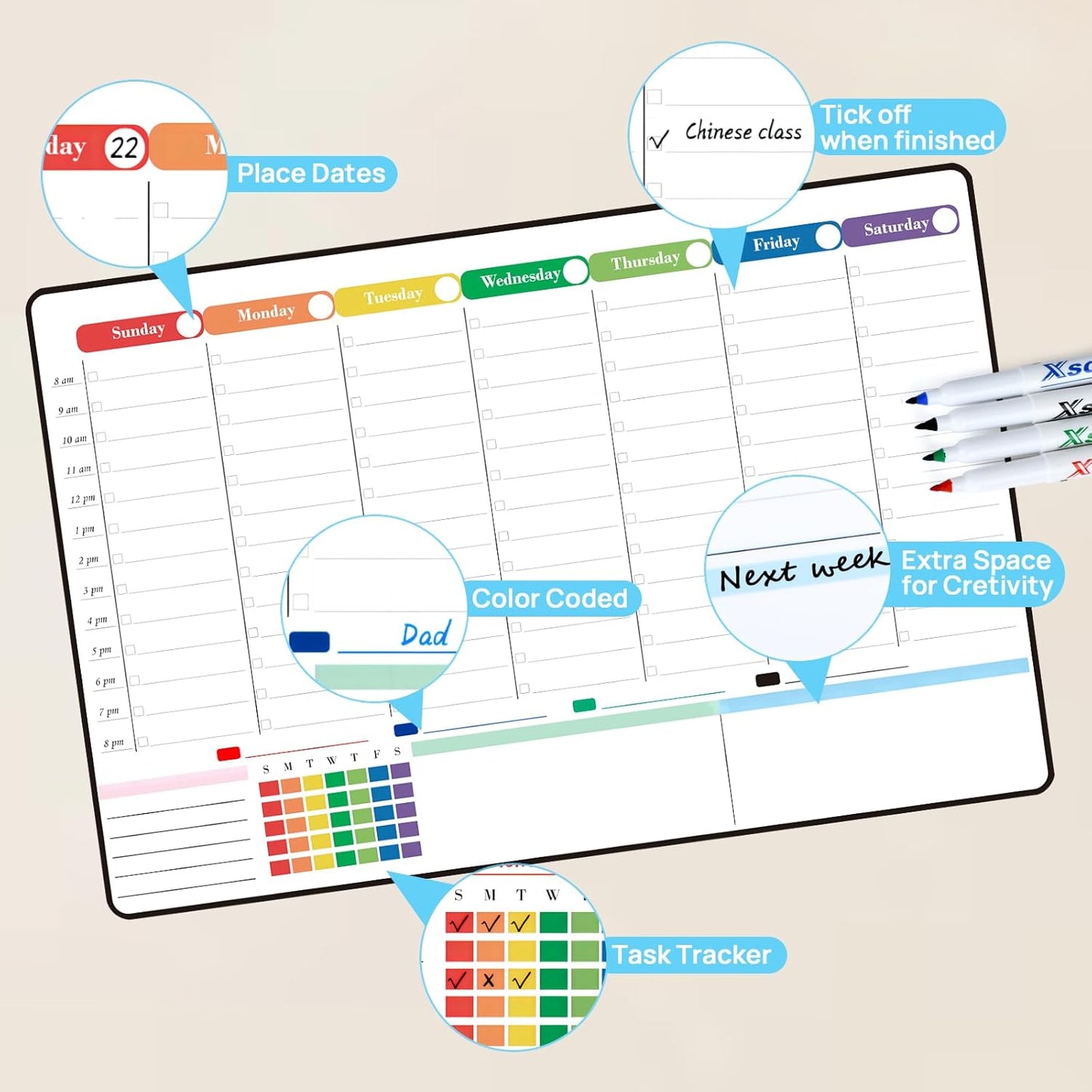 POPRUN Magnetic Fridge Calendar, 16.9"x11" Weekly Schedule Whiteboard, Dry Erase Board for Family Planning & Organization, Ideal for Home, School, Office