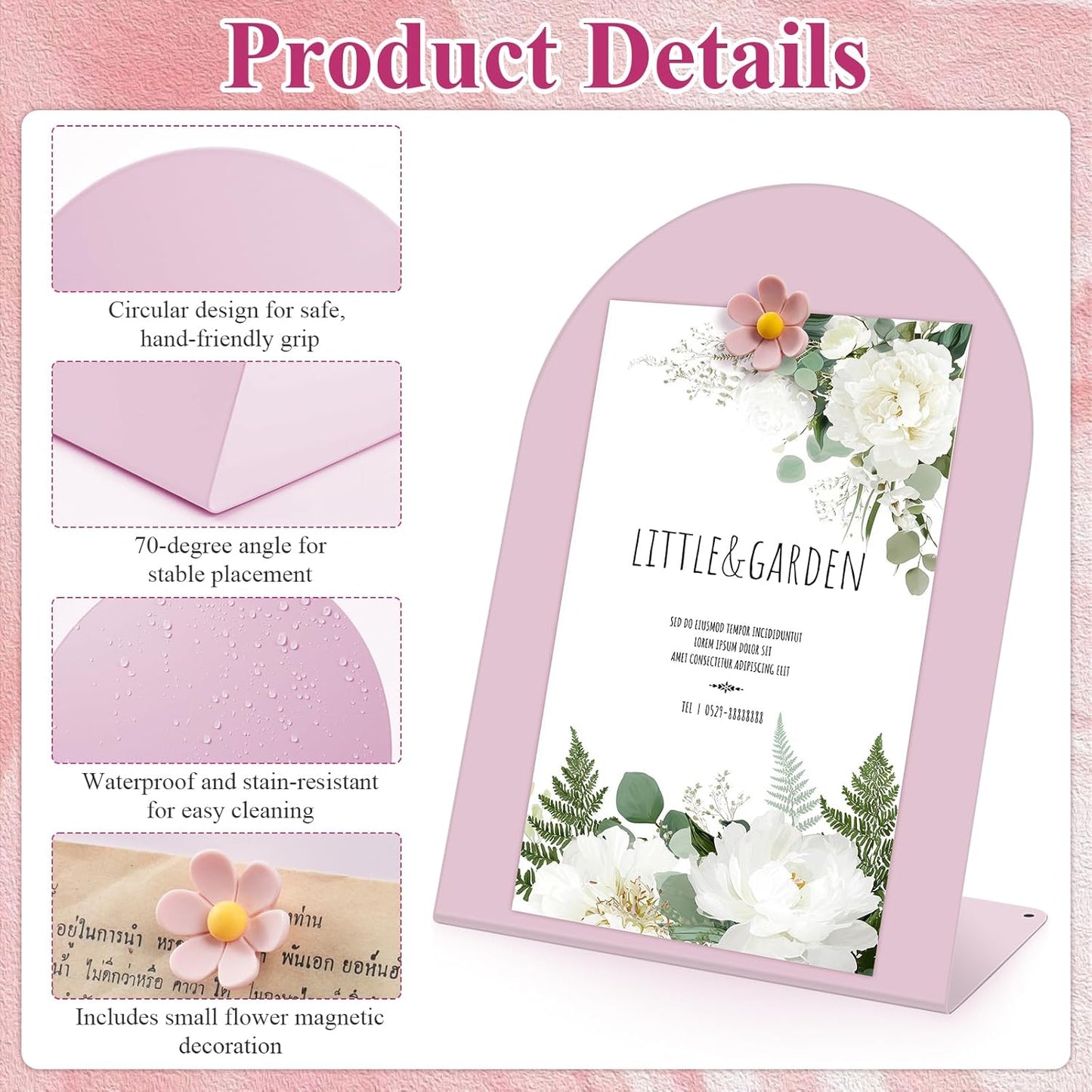 2 Pcs Magnet Display Stand with 6 Flower Magnets, 11 x 8 in Magnetic Display Board for Home Office School Kitchen Table Supplies (Pink)