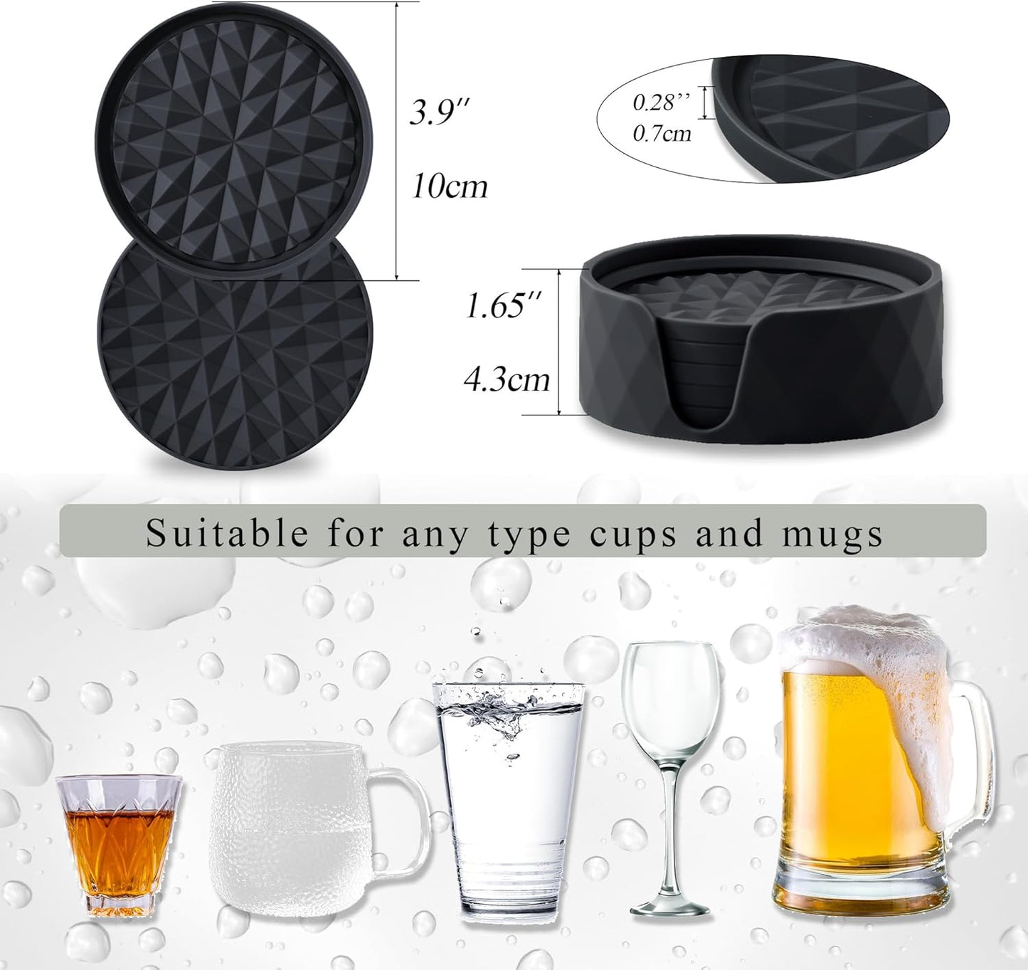 Silicone Coasters for Drinks[4 Pack]- Cup Mat for Tabletop Protection-Non-Slip, Non-Stick, Coffee Table Decor, Great Gift for Any Occasion, Black