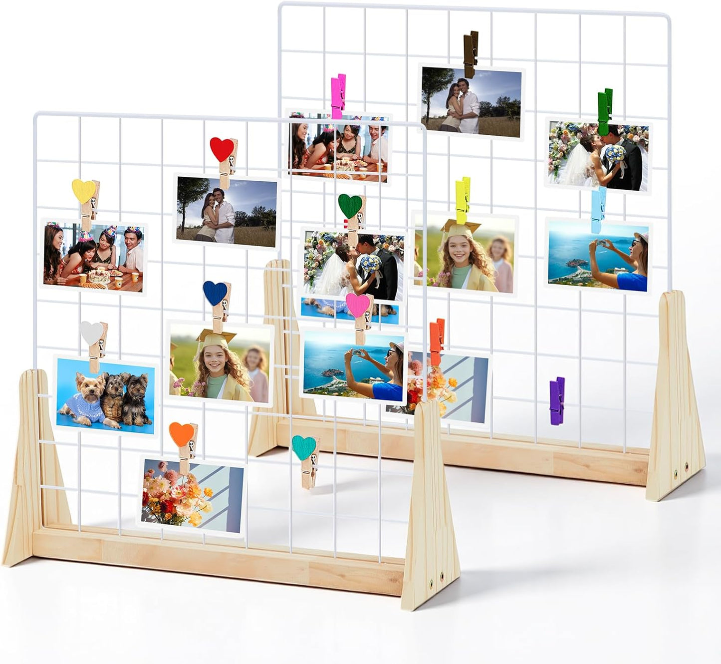 2 Sets Wedding Wall Grid Decorative Panel for Photo Display 19.3x18.5 Inch, Photo Display Panel, Wire Wall Grid, Desk Picture Manager, with 70 Wooden Clips for Shows Crafts Artistic Drawings Photos