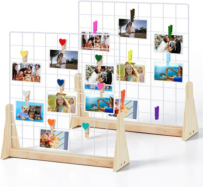 2 Sets Wedding Wall Grid Decorative Panel for Photo Display 19.3x18.5 Inch, Photo Display Panel, Wire Wall Grid, Desk Picture Manager, with 70 Wooden Clips for Shows Crafts Artistic Drawings Photos