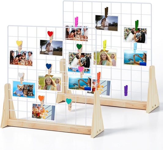 2 Sets Wedding Wall Grid Decorative Panel for Photo Display 19.3x18.5 Inch, Photo Display Panel, Wire Wall Grid, Desk Picture Manager, with 70 Wooden Clips for Shows Crafts Artistic Drawings Photos
