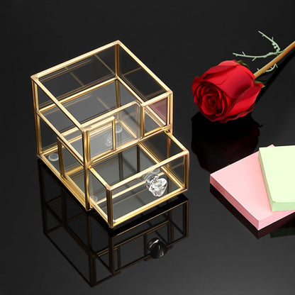 BTSKY Golden Glass Sticky Note Holder for 3x3 Inch Sticky Notes, Elegant Post It Note Dispenser with Non-Slip Pads Clear Notepad Holder for Desk Organization Planning, Home Office Decor