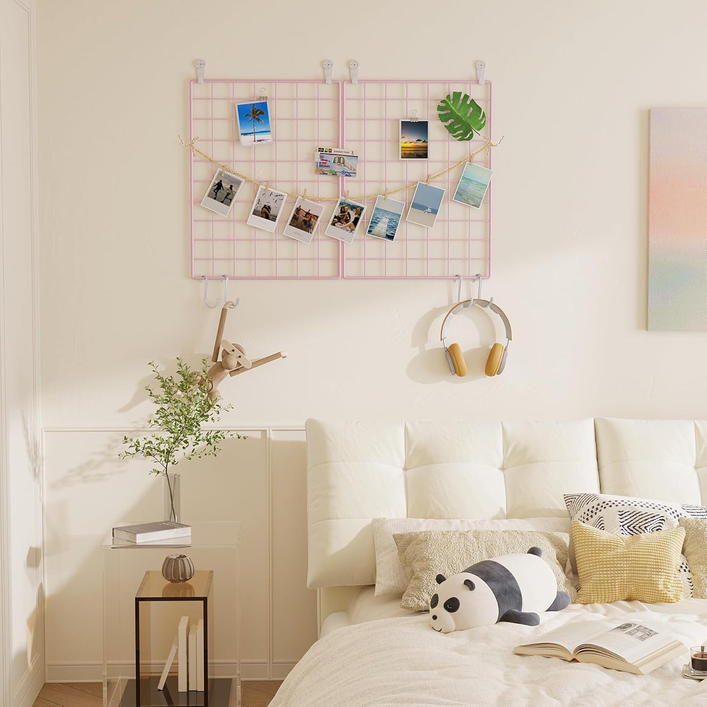 C&AHOME Photo Wall Display Set of 2, Grid Panel with Hooks, Clips, Hemp Cord, Hammer - 15.7" x 11.8", White UWWGM3402W