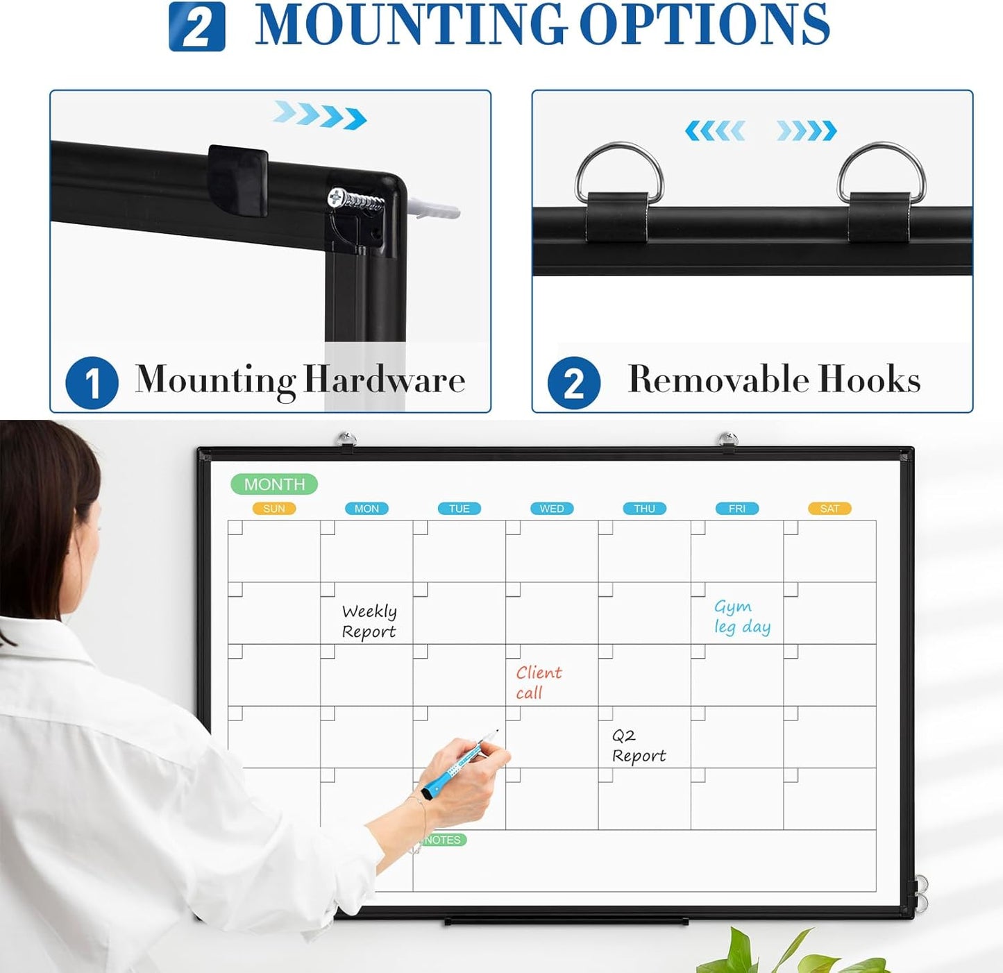 WALGLASS Weekly Dry Erase Calendar Whiteboard for Wall, 24" x 18" Double-Sided Weekly Planner White Board with Notes, Daily Tracker, Aluminum Framed Hanging & Wall Mount for Home, Office, School