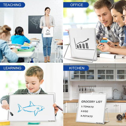 TSJ OFFICE Small White Board - 12 X 16 Inches Small Magnetic Dry Erase Board with Hooks for Wall, Desktop Whiteboard Stand 360 Degrees Revolving Double Sided for Office, Home, School, Silver