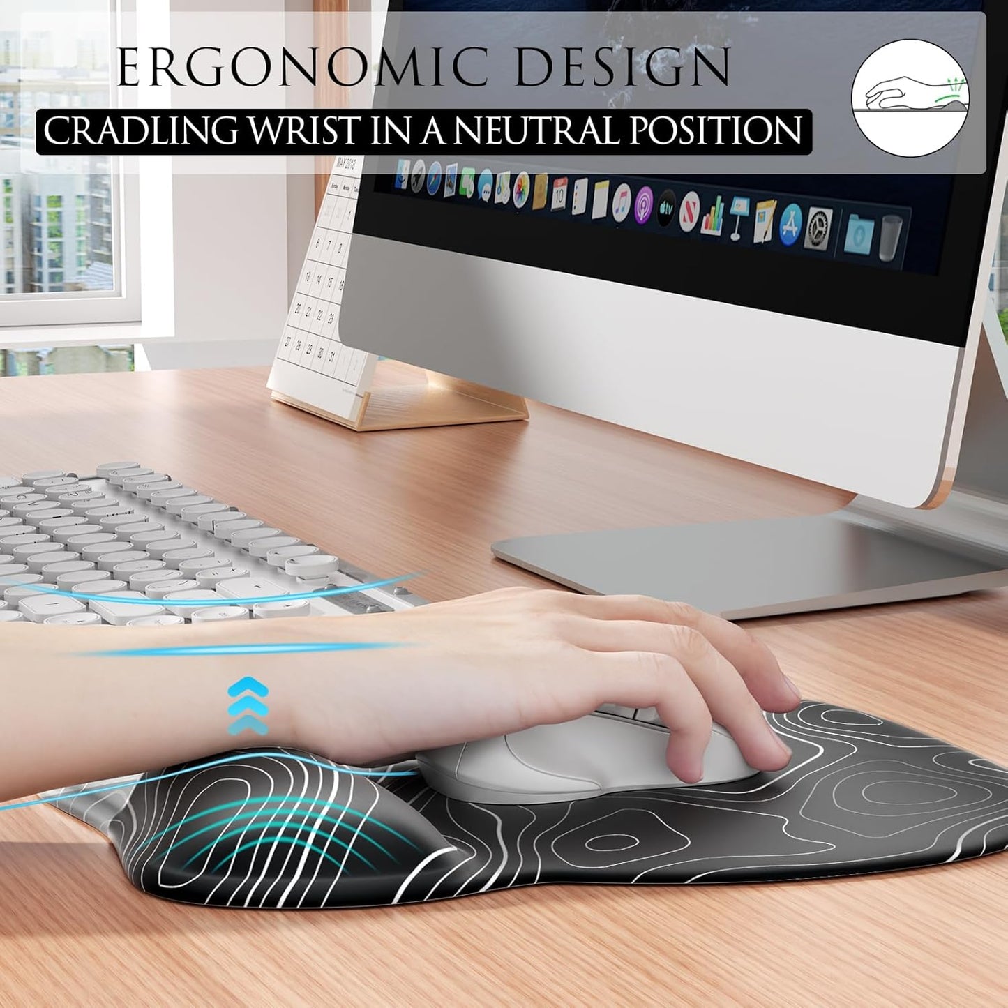 MROCO Ergonomic Mouse Pad with Gel Wrist Rest, Smooth Wrist Support Surface, Non-Slip PU Base for Pain Relief, Comfortable Mousepad for Computer, Laptop, Office & Home, 9.4 x 8.1 in, Black