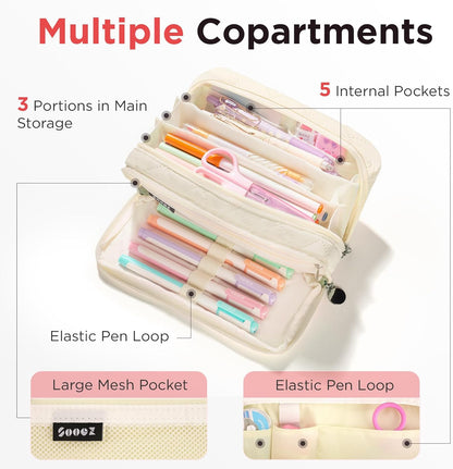 Sooez Large Pencil Case Pouch, Extra Big Pencil Bag with 8 Compartments, Pen Bag Wide Opening, Soft Quilted Pencil Pouch Organizer with Zipper, Portable Pencil Case for Teen Girls, Pink