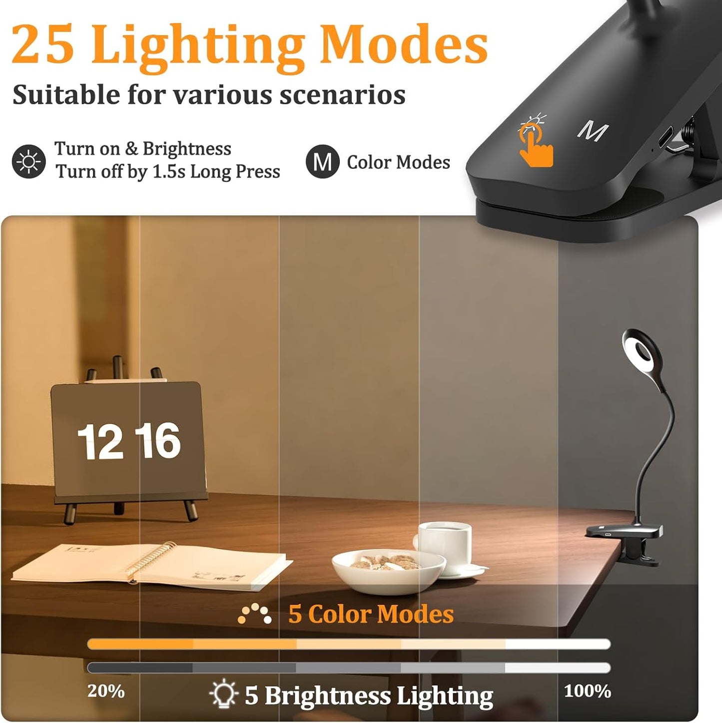 Clip on Light Rechargeable with Large Clamp, Battery Operated Bed Headboard Reading Lamp - 5 Colors 5 Brightness, Flexible Arm Book Light at Night for Kids Desk Bunk Metal Bed Frame (Black)