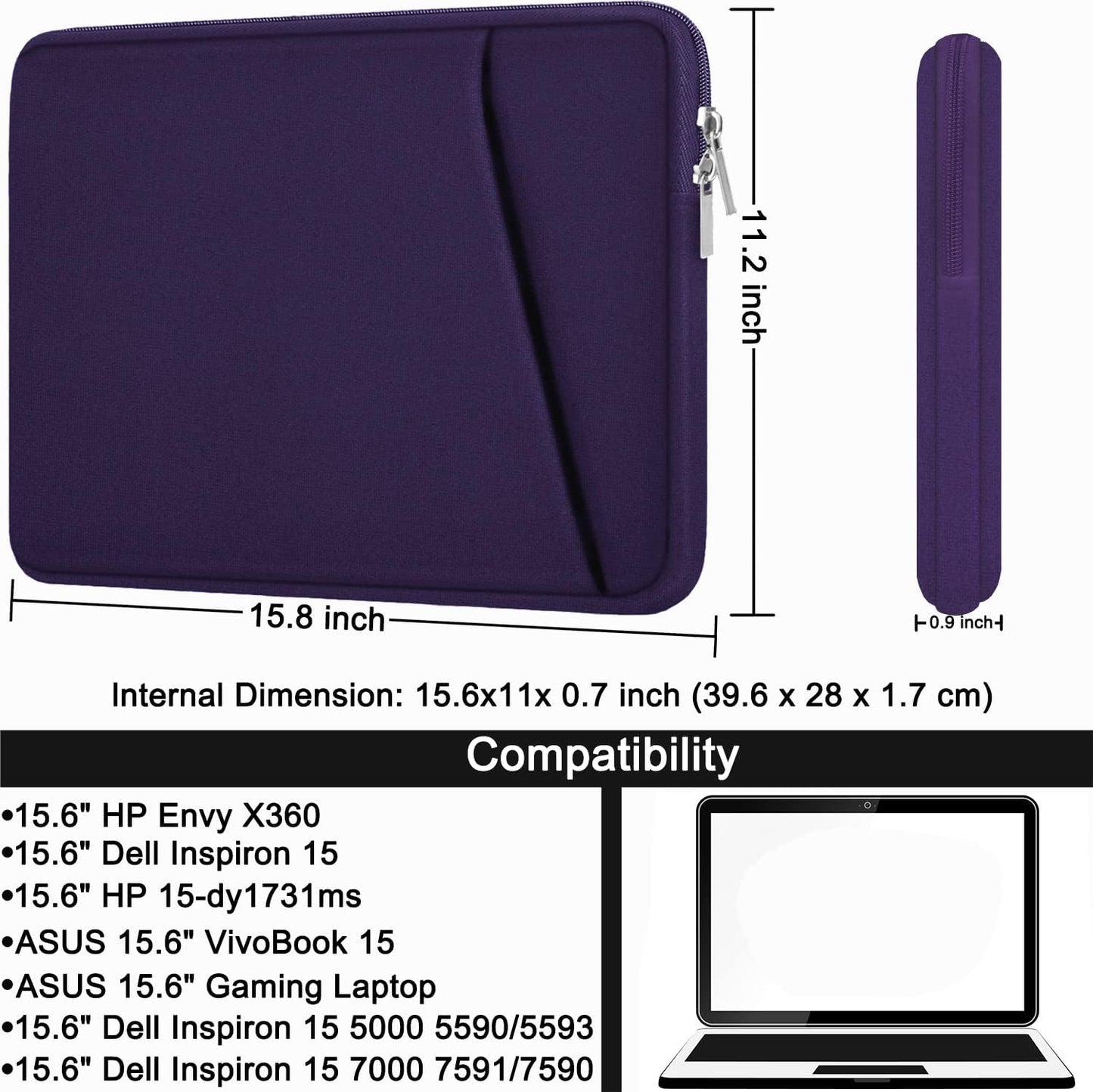 Laptop Sleeve, Durable Briefcase Shockproof Protective Case, Handbags Portable Laptop Bag for 15.6 inch HP Dell Asus Lenovo Notebook Computer with Front Pocket, Black