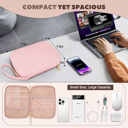 Electronics Organizer Travel Case, Charger Bag Cord Organizer Travel, Compact Tech Pouch Cable Organizer Bag for Charger, Cords, Phone, Headphones, Flash Drive, SD Card (Pink, Small-Double Layer)