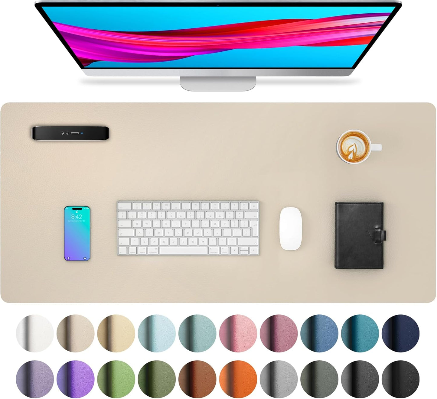 Aothia Non-Slip Waterproof PU Leather Desk Pad Protector for Mouse, Writing Desk, Office, Home, Laptop Blotter, 23.6" x 13.7", Black - Colors B