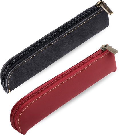Psyqtsuary Leather Pencil Case, 2 Pcs Slim Small Pencil Pouch Portable Flat Pen Pouch with Zipper Simple Makeup Bag Lipstick Case for Women Men Home, Office, Travel Outdoor (Black, Claret)