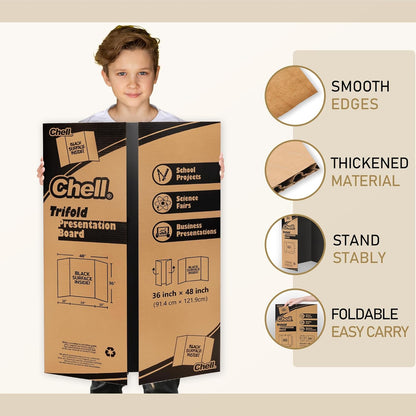Chell Mini Size Trifold Poster Board, 16" x 24", Small Corrugated Project Boards, Black, 2 Pack