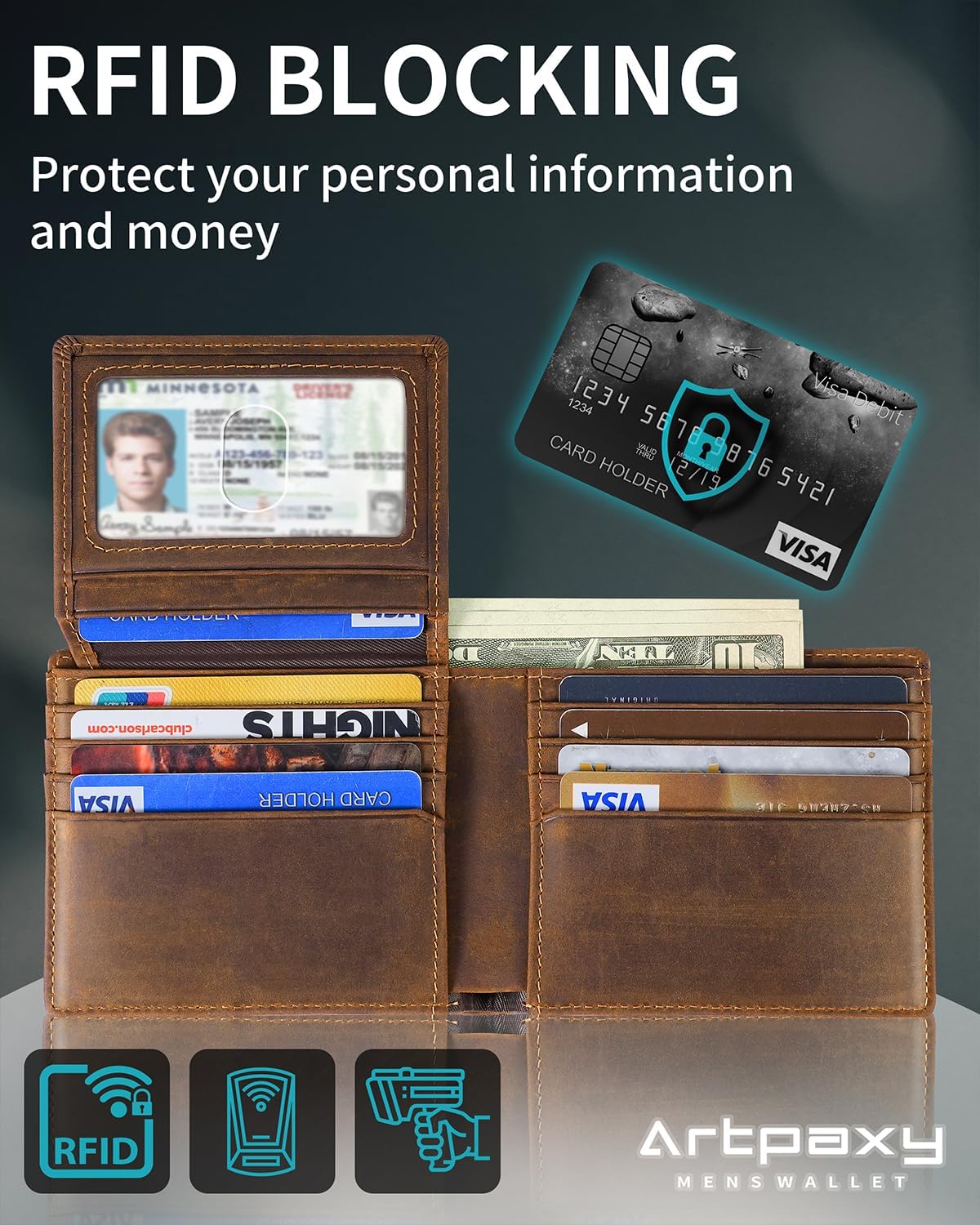 Mens Wallet With AirTag Holder, Bifold Leather RFID Blocking 1-2 ID Windows 12-13 Card Holders, Gift Box and Screen Protector Included, AirTag Not Included