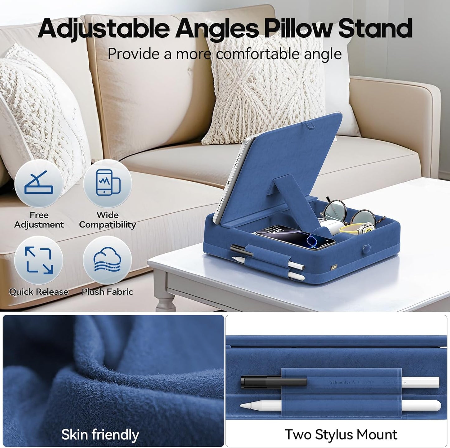 KDD Tablet Pillow Stand with Storage, Foldable iPad Holder for Bed, Lap and Desk, Angle Adjustable Soft Pad Dock with Stylus Mount Compatible with Ipad Pro 12.9, 10.5, 11, Air, Mini, Phones, Books