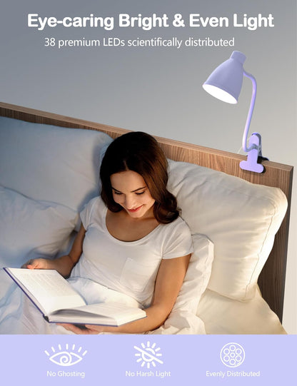 BOHON Clip on Light, 10W 38 LED Desk Lamp with Clamp, 5 Color 10 Brightness Auto Off Timer, Flexible Neck Clip Lamp, Desk Lights for Office Home Bed Bedside Reading, Bright Yellow