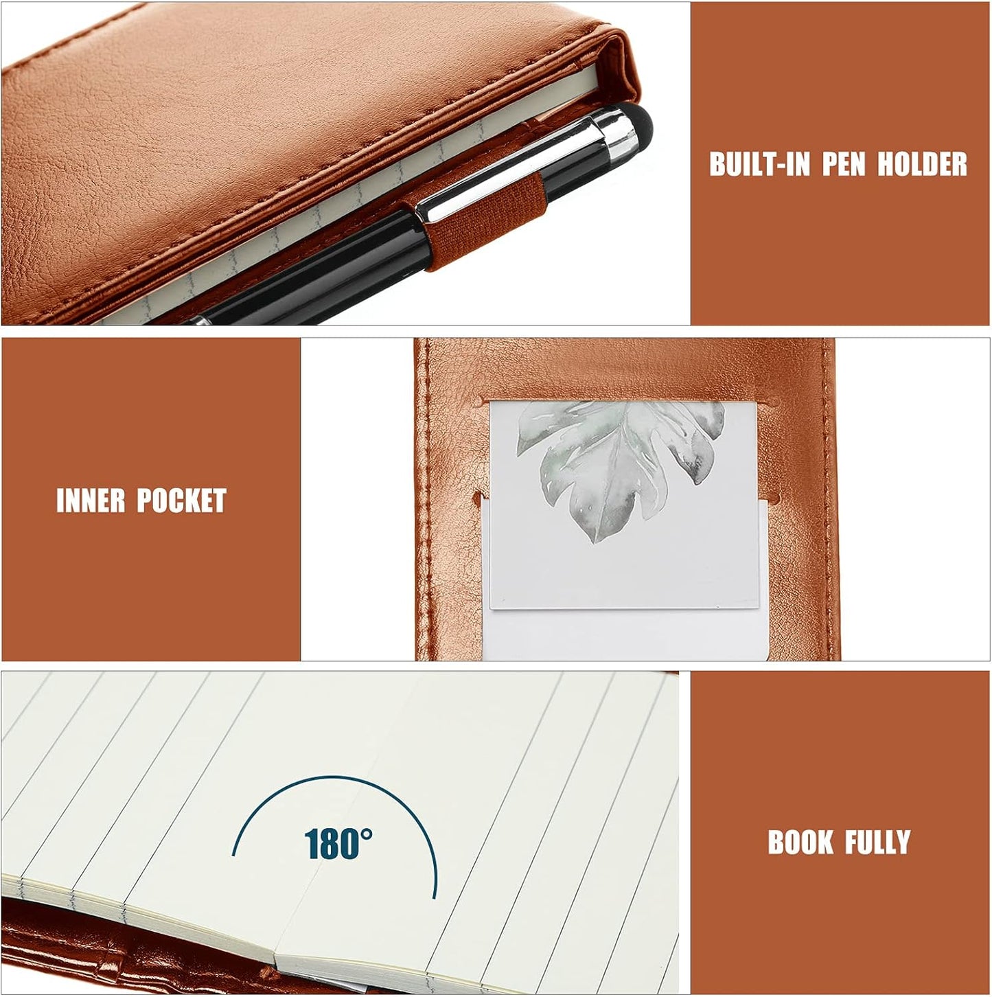 Outus 10 Pcs Mini Pocket Notepad Holder Set Included Small Leather Pocket Notebook Holder with 50 Lined Sheets, Metal Pen, 8 Pcs 3 x 5 Inch Memo Book Refills, 30 Lined Paper Per Note Pad (Black)