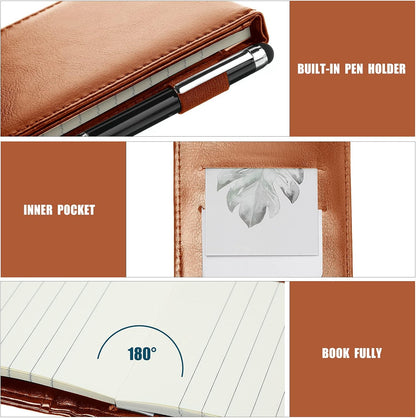 Outus 10 Pcs Mini Pocket Notepad Holder Set Included Small Leather Pocket Notebook Holder with 50 Lined Sheets, Metal Pen, 8 Pcs 3 x 5 Inch Memo Book Refills, 30 Lined Paper Per Note Pad (Black)