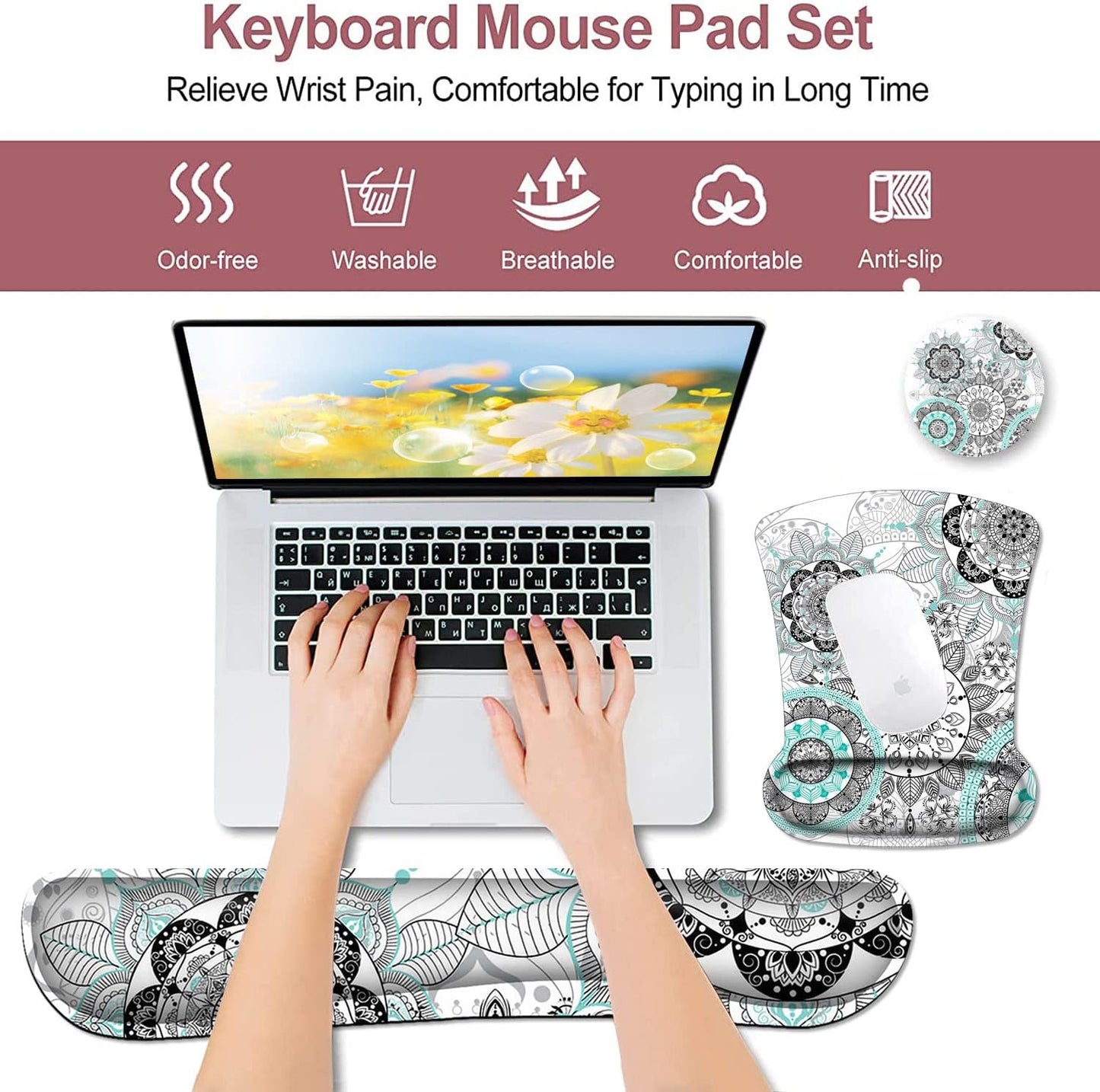 Mouse Pad with Wrist Support, Ergonomic Gel Mouse Pad Beautiful Flowers,Non-Slip Durable, Memory Foam Keyboard Wrist Rest, Suitable for Office Typing Games, Pink Hyacinths on Wood Panel