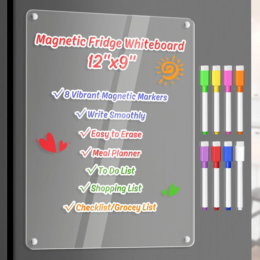 Acrylic Meal Planner Magnetic Menu Board for Kitchen Fridge w/Markers, Clear Weekly Calendar Planning Board Noteboard Refrigerator Dry Erase Board to Do/Grocery/Shopping List/Chore Chart, 12.8x9’’