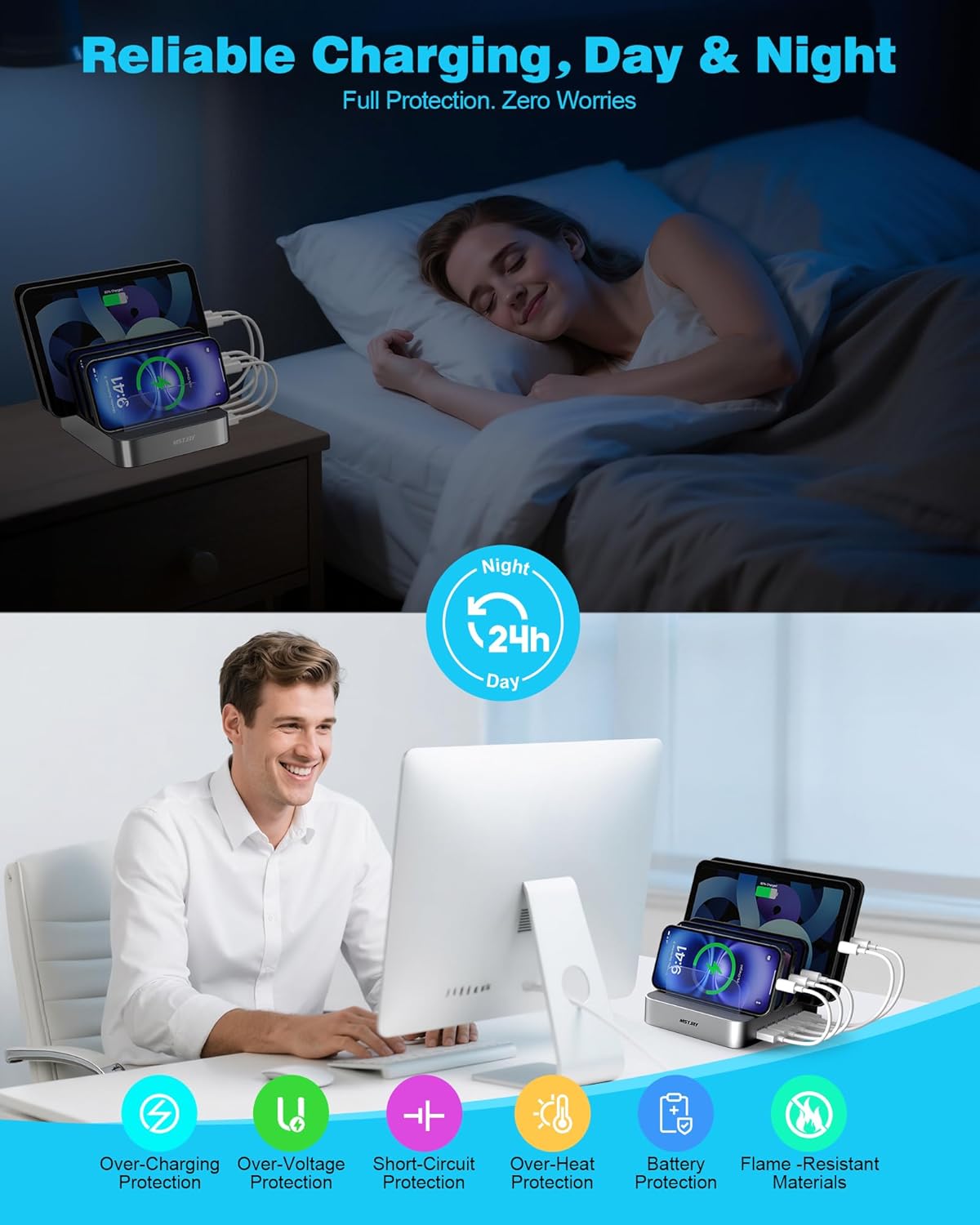 MSTJRY Charging Station for Multiple Devices : 5 Port Multi USB-A Charger Stations Multi-Device Organizer Charging Dock Designed for iPhone iPad Cell Phone Tablets (7 Short Cables Included)