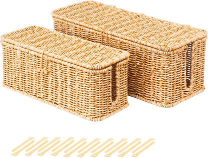 BROWNLILY Cable Management Box, Rattan Style Cord Organizer for Desk Cord Hider Outlet Covers Baby Proofing for Power Strip TV PC Router Charger Under Desk Storage with Lockable Lid and Cable Ties
