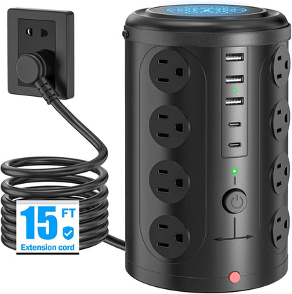 Tower Power Strip Surge Protector with 16 Outlets and 5 USB Ports (2 USB-C), 6FT Extension Cord with Multiple Outlets,Heavy Duty Charging Station,Home Office Dorm Room Essentials. No Wireless Charging