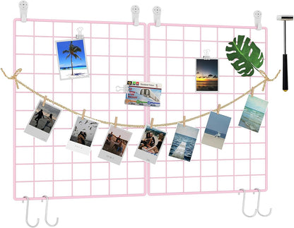 C&AHOME Photo Wall Display Set of 2, Grid Panel with Hooks, Clips, Hemp Cord, Hammer - 15.7" x 11.8", White UWWGM3402W