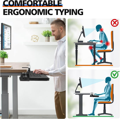 Large Height Adjustable Keyboard Tray with Sturdy C-Clamp Mount and Storage Drawer, 27"(31"Including Clamps) x 12" Slide Out Ergonomic Keyboard Trays for Home and Office, Black