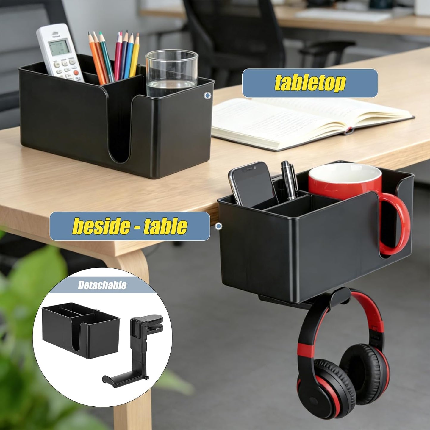 MYITYARD Desk Cup Holder Clamp, Anti-Spill Clip On Table Cup Holder, Rotatable Water Bottle Stand Drink Coffee Mug Storage, Office Accessories for Home and School (Black)