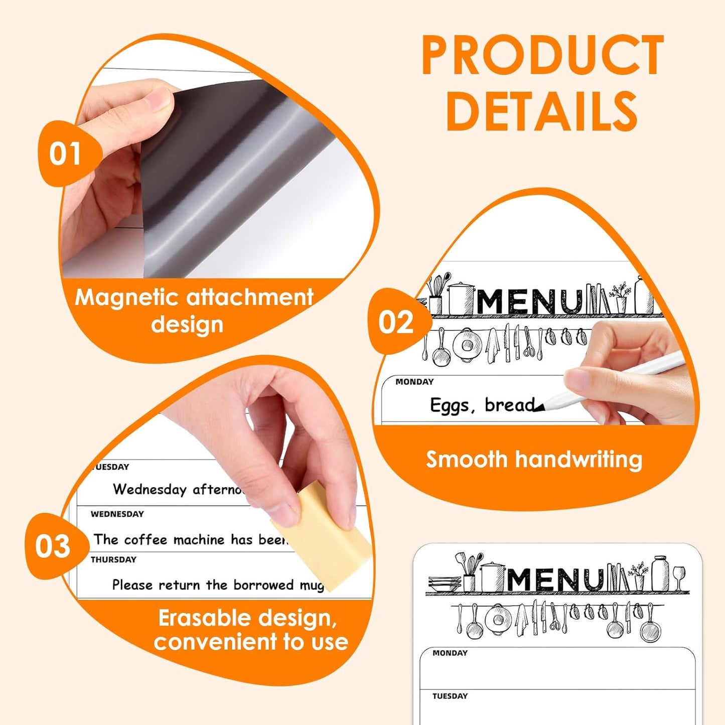 Magnetic Weekly Meal Planner for Refrigerator, 8x12'' Dry Erase Menu Board, Stain Resistant Whiteboard, Strong Magnetic Backing, Ideal for Families, Students, Roommates, Notes, Grocery Lists (A)