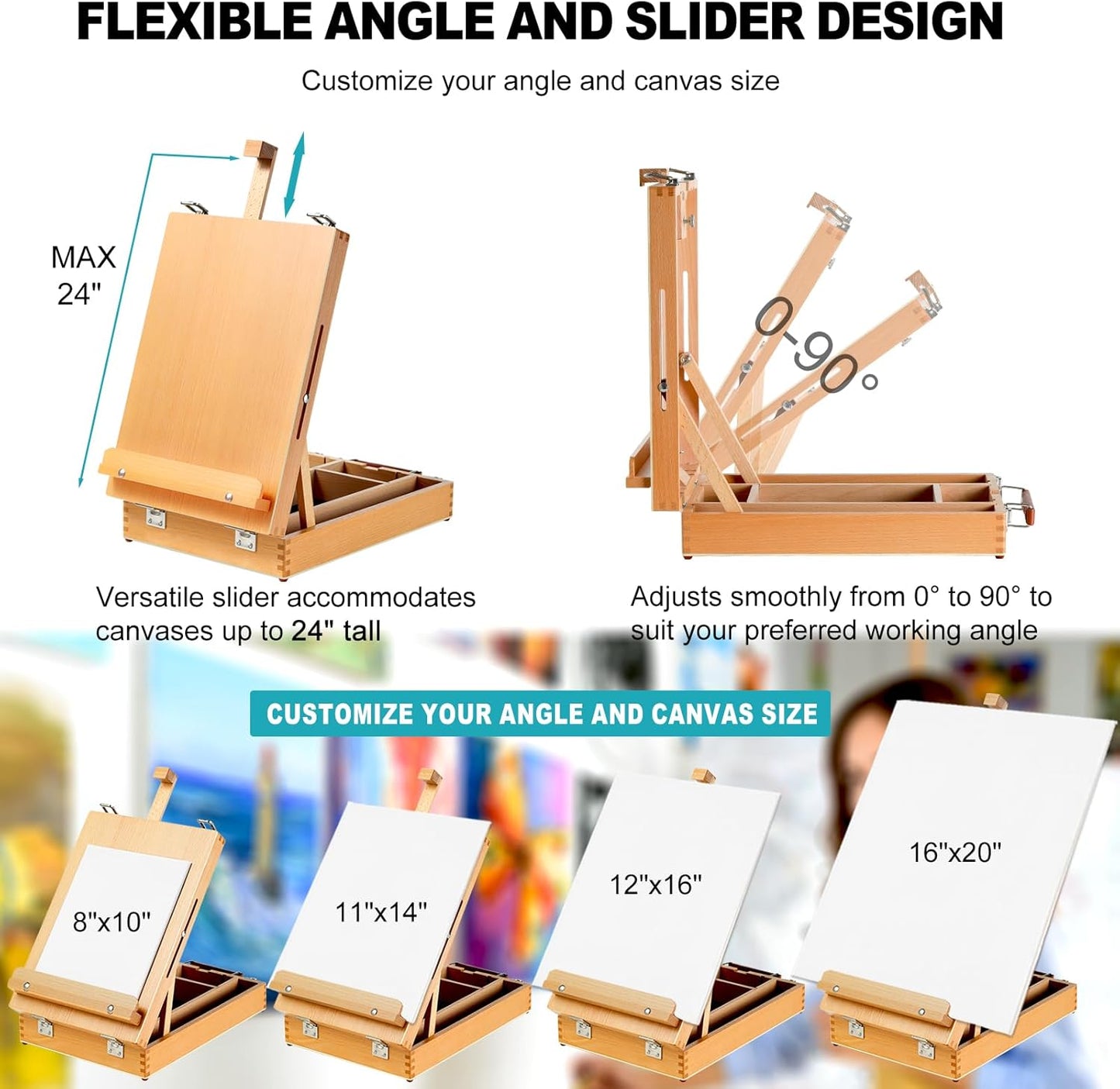 Beechwood Tabletop Easel for Painting, Portable Adjustable Sketchbox Art Easel Stand with Detachable Shoulder Strap for Beginners and Art Lovers